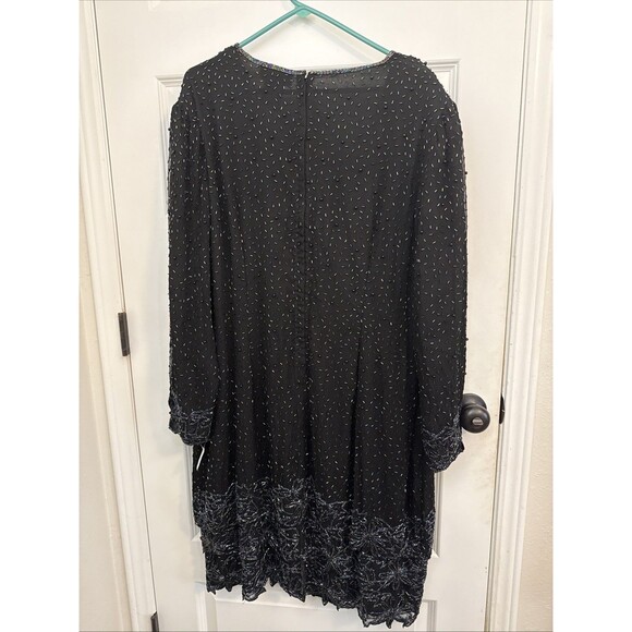 Party Dress Vintage Papell Boutique Beaded Floral Tiered Midi 22W Black NWT - Picture 2 of 10
